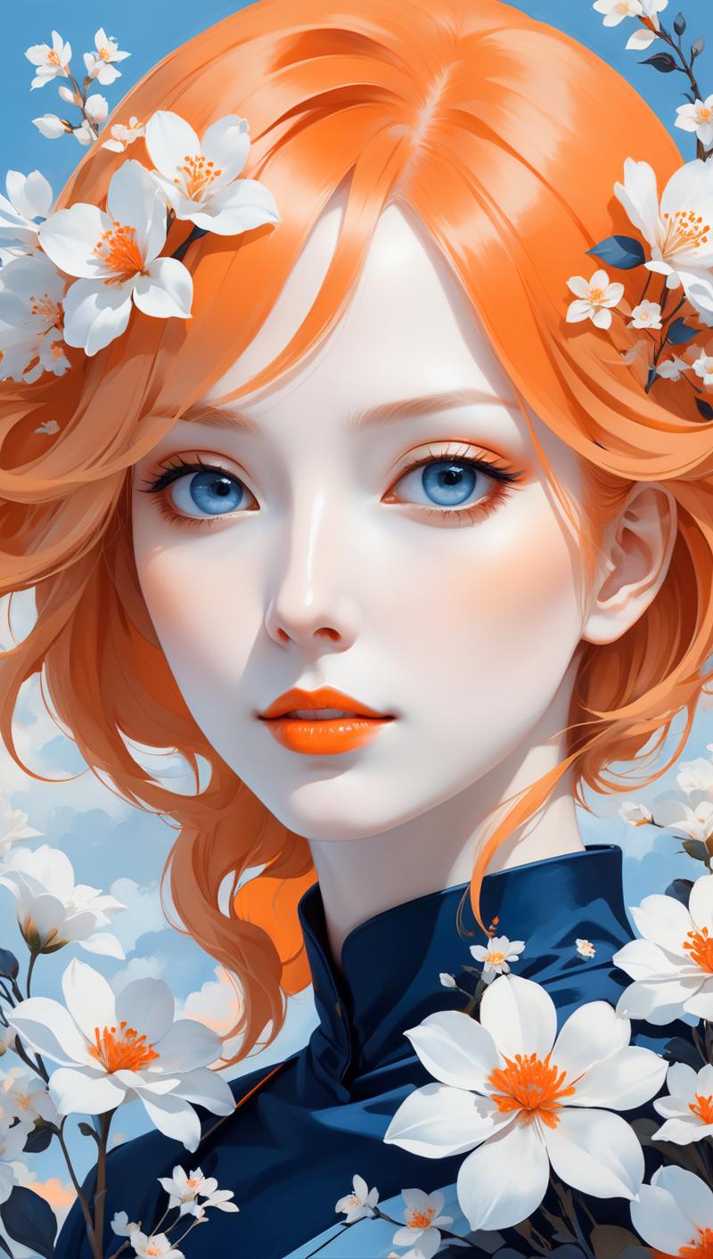 02129-4239125030-a beautiful picture of a pale woman 33yo with white flowers on her face, in the style of monochromatic paintings, light sky-blue.png